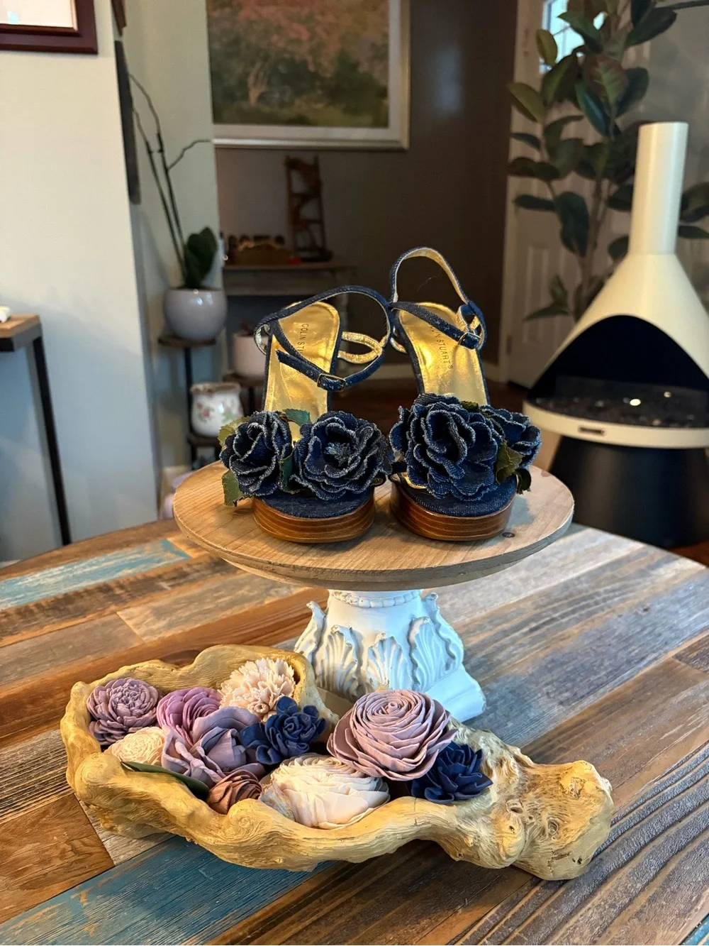 Colin Stuart Y2K Denim Rose Platform Heels Size 6.5